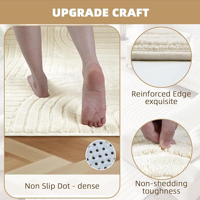 Beige 8x10 Solid Color Area Rugs – Washable Living Room Rug, Modern Geometric Non-Slip Indoor Carpet with Soft High-Low Pile, Fluffy Floor Rugs for Bedroom, Kids Room, Nursery, Home Décor
