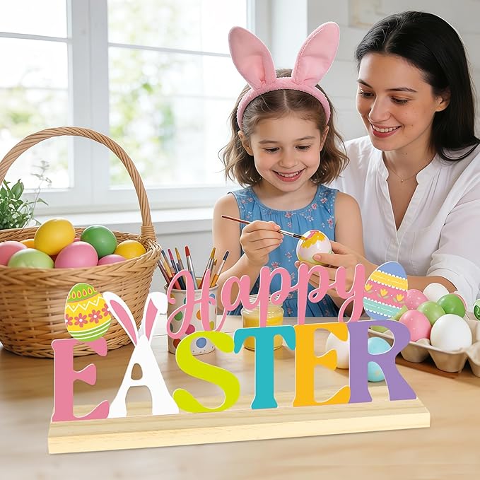 Happy Easter Metal Table Sign, Easter Table Decoration Centerpiece, Metal Letter Sign with Wooden Base,Colorful Spring Tabletop Decor for Home, Office, Shelf, Mantel, Indoor