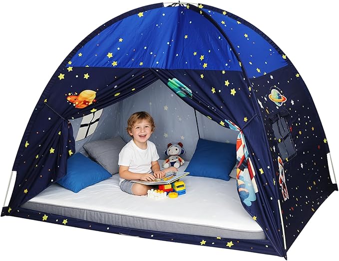 Full Bed Tent Canopy, Space Indoor Blackout Privacy Toddler Bed Tent for Kids with Light, Portable Sleeping Floor Kids Playhouse (Blue, Full Size)