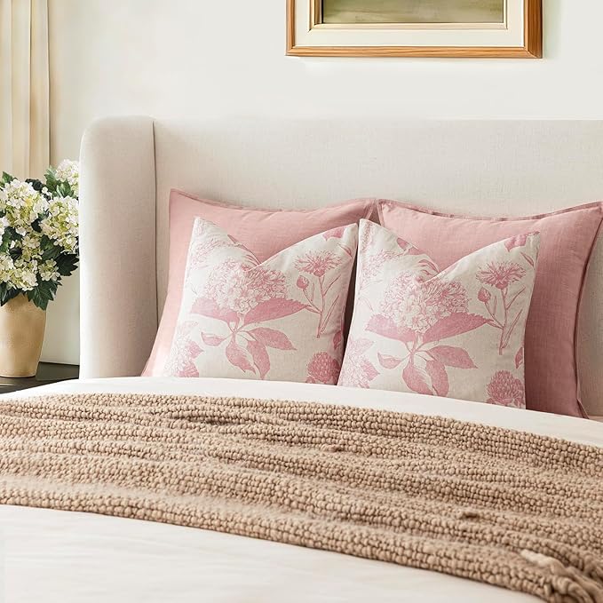 Foindtower Set of 2 Linen Floral Throw Pillow Covers Neutral Vintage Print Decorative Cozy Cushion Covers Farmhouse Boho Home Decor for Sofa Chair Couch Bedroom Living Room,20×20 Inch,Light Pink