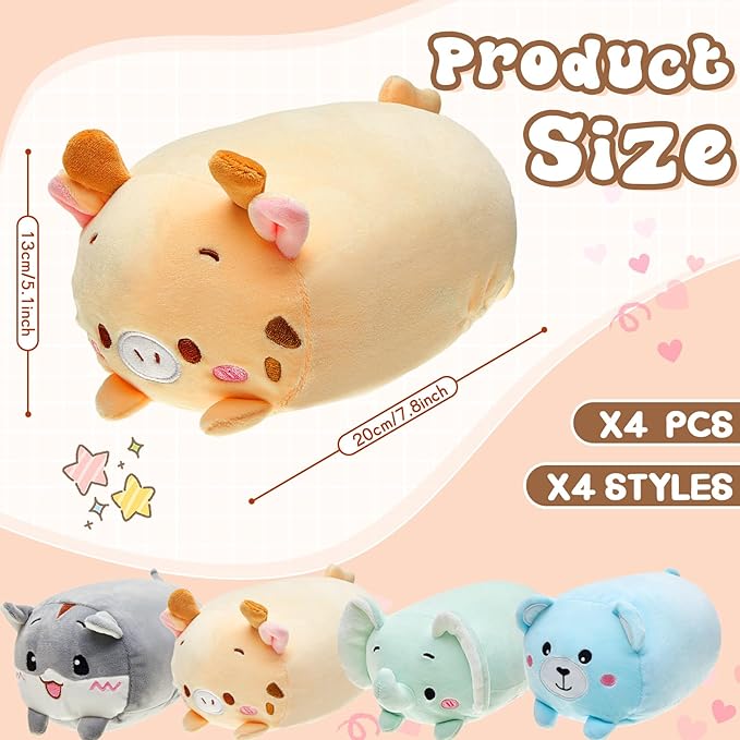 Leitee 4 Pcs Stuffed Animals Plush Bulk 8 Inch Cute Plushies Toys Plush Pillow for Boys Girls Birthday Gifts Box Toys for Classroom Prize Kids Party Favors Valentines Gifts in Bulk (Vivid Style)