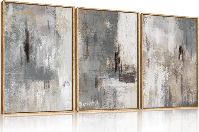 Large Abstract Neutral Gray Beige Framed Canvas Wall Art,Modern Minimalist Earth Tone Brushstroke Wall Decor,Vintage Rustic Color Block Artwork for Living Room,Bedroom,Farmhouse- 24"x36"x3