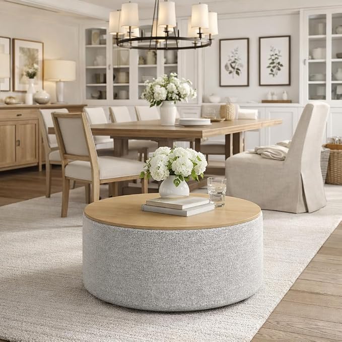 HomePop Modern Fabric Storage Ottoman with Wood Top -White Cream Boucle with Gray Yarn