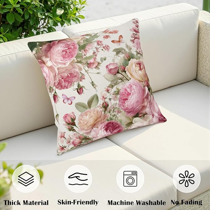 Rose Throw Pillow Covers Spring Summer Shabby Chic Flower Throw Pillow Covers 20x20 Set of 2 Rustic Green Leaves Pink Rose Floral Pillow Cases for Bedroom Sofa Couch Decor