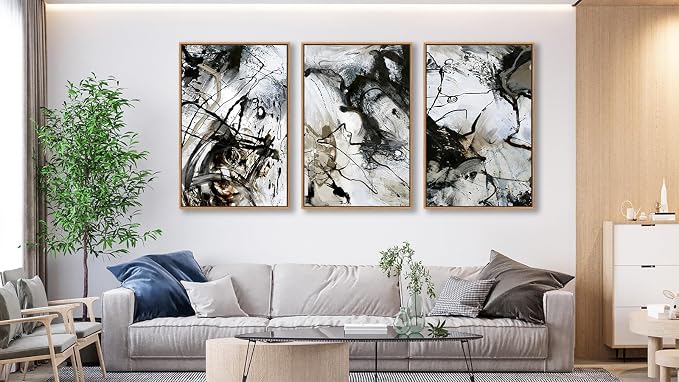 Large Modern Painting Wall Art for Living Room Float Framed Art Set of 3 Abstract Canvas Pictures Black and White Minimalist Artwork Canvas Prints for Bedroom Home Office Wall Decor 24X36inX3pcs
