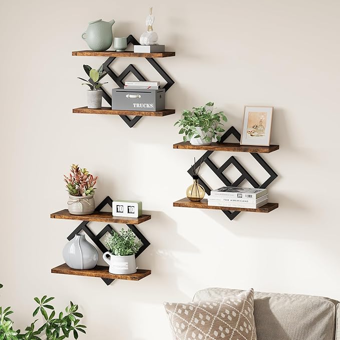 ELYKEN Floating Shelves for Wall, Set of 3 Hanging Shelves, 2-Tier Wall Mounted Storage Shelves for Books & Decor, Perfect for Living Room, Bedroom, Kitchen, Home Office, Study, Rustic Brown