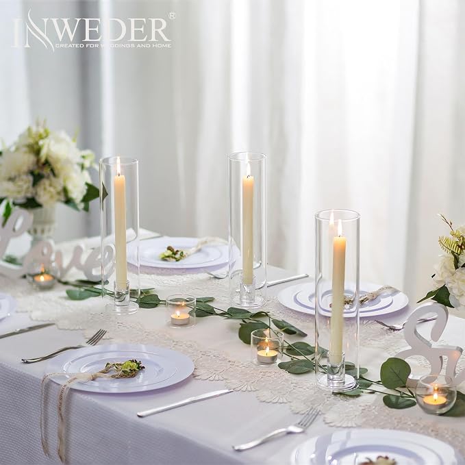 Glass Hurricane Candle Holder: 11.8" Tall Candlestick Holder with Cylinder Windproof Cover Clear Taper Candle Holders for Wedding Party Birthday Christmas Home Decor Set of 2