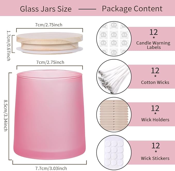 DARJEN 12 Pack Frosted Pink Candle Jars for Making Candles- 9 OZ Empty Glass Candle Making Jars with Making Kits, Candle Making Supplies Candle Containers for Home DIY & GIFS