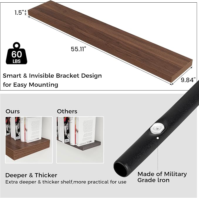 55" Wide x 10" Deep Floating Shelves for Wall, Walnut Finish, 1-Pack | Engineered Wood Wall Shelves with Invisible Brackets for Living Room, Bedroom, Bathroom, Office & Kitchen Storage