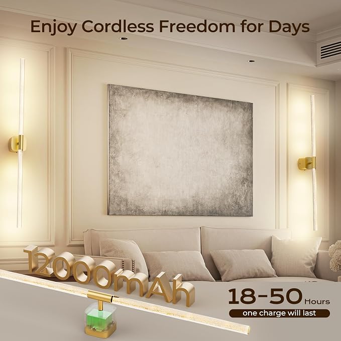 Battery Operated Wall Sconce Set of 2 Rechargeable Battery Powered Wall Light with 12000mAh Wireless Dimmable Wall Lamp Fixtures for Bedroom Living Room (Brushed Gold, 31"-2 Pack)