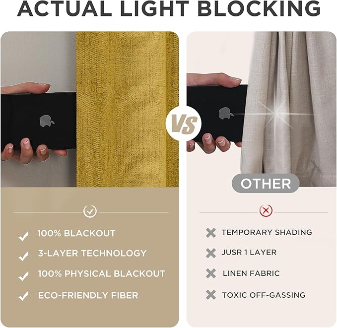 Joydeco Linen Blackout Curtains for Bedroom - 100% Light Blocking 1 Panels, Yellow Drapes 70" W x 108" L, Thermal Insulated Room Darkening Curtains for Living Room, Rod Pocket & Back Tabs