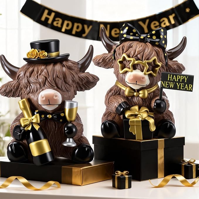 Karenhi 2 Pcs 2026 New Year Highland Cow Figurines, Happy New Year Cow Gnomes with Champagne and Gift Box, Resin Statue Calf Lovers Gifts Cute Yak Home Collectibles for Holiday Decor
