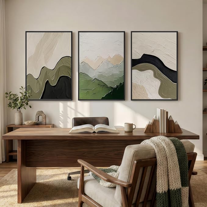 Framed Green Abstract Wall Art for Living Room, 3 Piece Large Neutral Black and Beige Artwork for Walls, Modern Minimalist Abstract Canvas Prints Paintings for Bedroom Home Office Wall Decor, 24x36 In