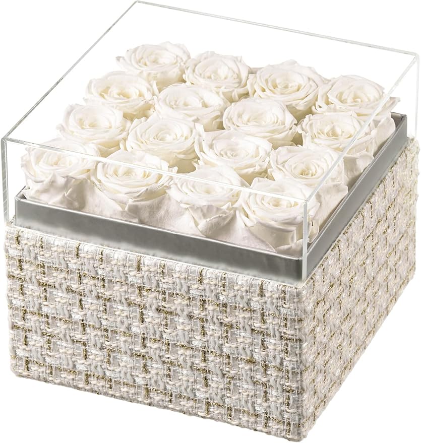Eterfield Forever Flowers Preserved Roses Real Roses that Last Over a Year Rose Box Gifts for Her Mothers Day Valentines Day Christmas (Square Gold White Plaid Box, 16 White Roses)