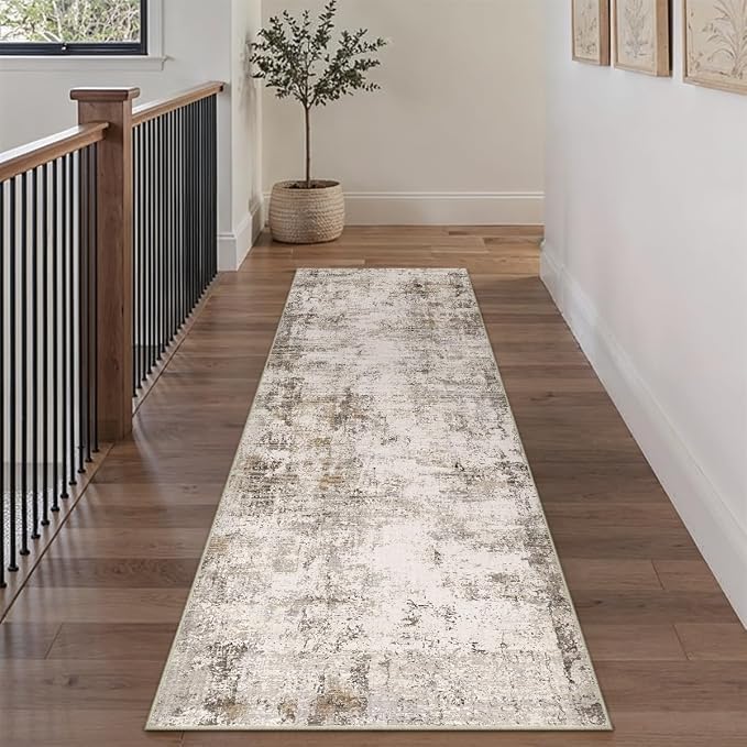 2x8 Washable Runner Rug Brown Grey Abstract Non Slip Soft Low Pile Hallway Kitchen Rug Neutral Modern Carpet for Laundry Bathroom Bedroom Living Room Home Decor