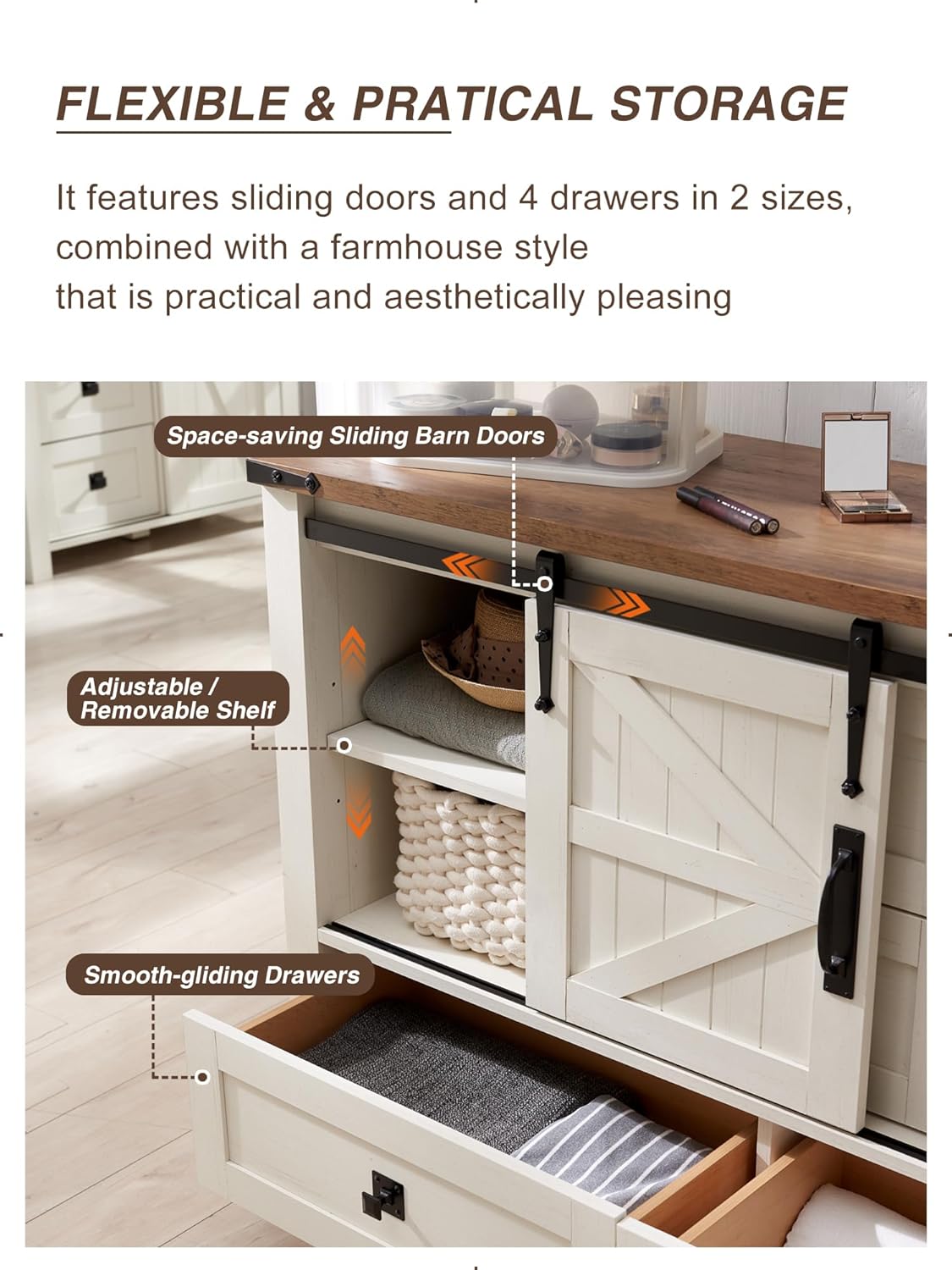 T4TREAM Farmhouse Dresser for Bedroom w/4 Drawers & Sliding Barn Doors, 48'' Wide Chest of Drawers, Rustic Dresser TV Stand w/Shelf, Organizer for Bedroom, Living Room, Entryway, Antique White