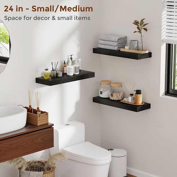 Heimlove 44 Inch Floating Shelves for Wall 8 Inch Deep Black Shelves Set of 2,Wall Mounted Rustic Wood Long Floating Shelf，Large Display & Storage Shelf with Invisible Brackets