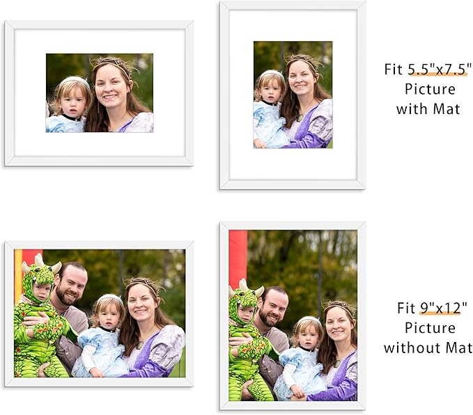 Picrit 9x12 Picture Frame Set of 12, Display 6x8 with Mat or 9x12 without Mat, Photo Frames for Wall Mounting or Table Top Display, White