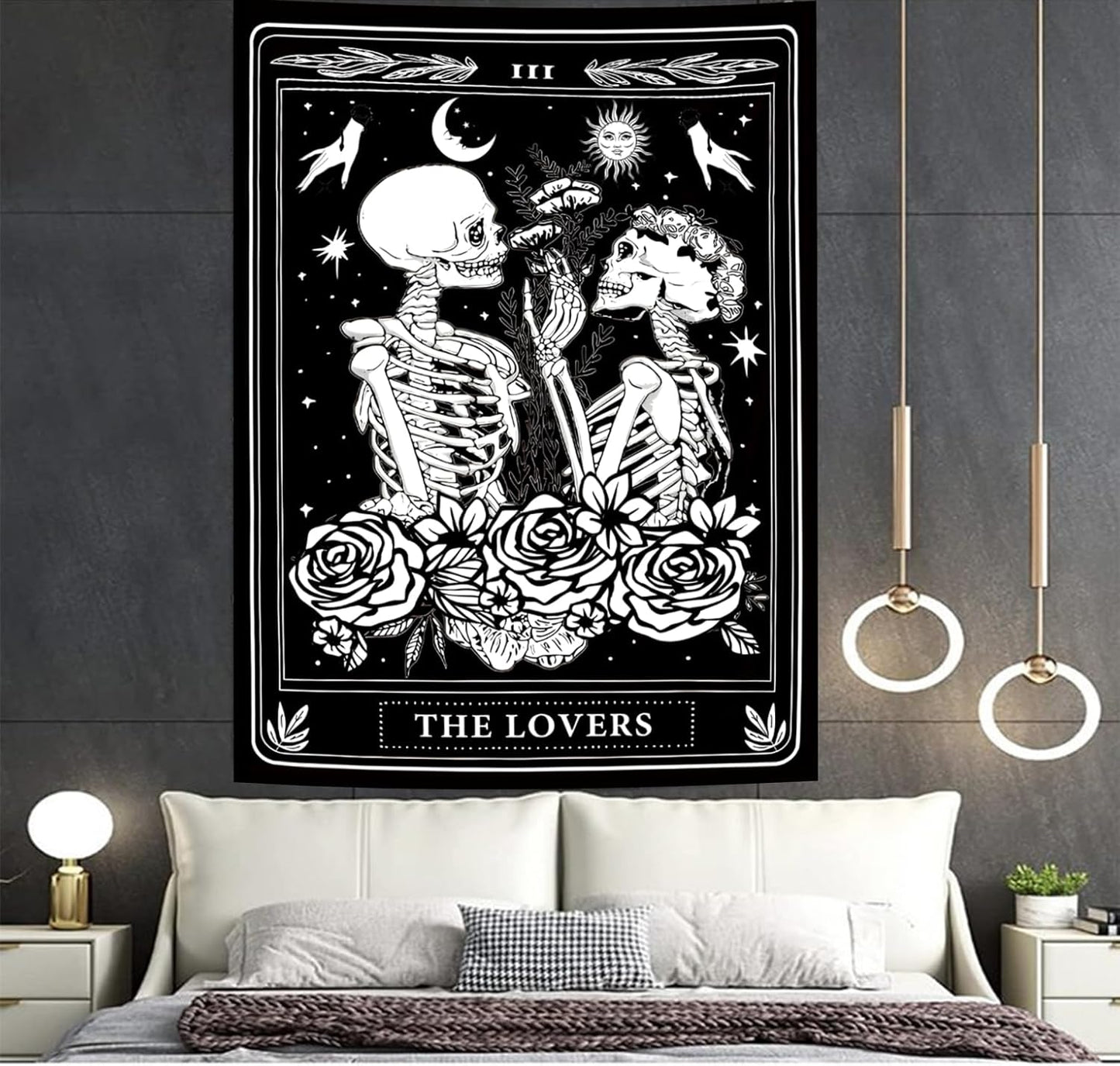 Onivein The Lovers Skull Tapestry Gothic Tapestry Vertical Black and White Skeleton Gothic Witch Sun Moon Floral Plant Snake Tapestries Wall Hanging Decor for Bedroom Dorm Room 30 x 40 Inches