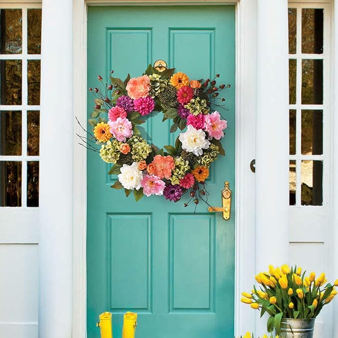 2 Pcs Spring Wreaths for Front Door, 22 Inch Spring Front Door Wreath Indoors Outdoor Decor with Hydrangea, Peony, Summer Floral Wreaths for Front Door Outside All Season for Home Porch Decor