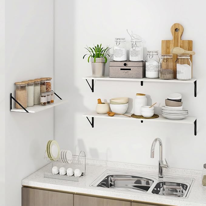 Vivelove White Deep Floating Shelves for Wall, 24W x 8D Wood Wall Shelves Set of 2, Wide Floating Bookshelf for Living Room, Kitchen, Office, Bedroom and Decor Storage, with Black Bracket - White