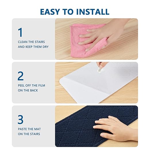 Stair Treads for Wooden Steps Indoor, 15 Pack 8" X 30" Non Slip Carpet Stair Treads with Reusable Adhesive for Kids Elders and Dogs, Surface Polyester TPR Backing Stair Rugs,Navy