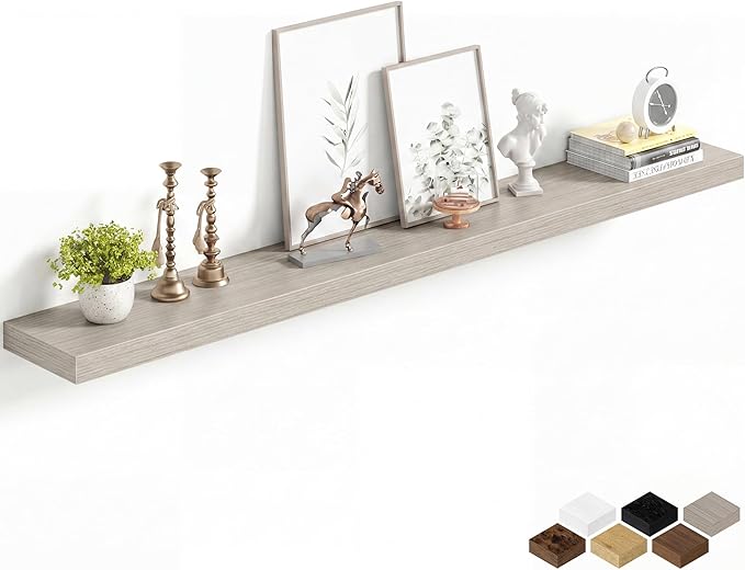 Fun Memories 60Inch Long Floating Shelves, 8 Inch Deep Shelves for Bedroom|Living Room, Wall Mounted Wood Hanging Shelf with Invisible Brackets for Fireplace Mantel Home Storage Decor, Grey - 1 Pack