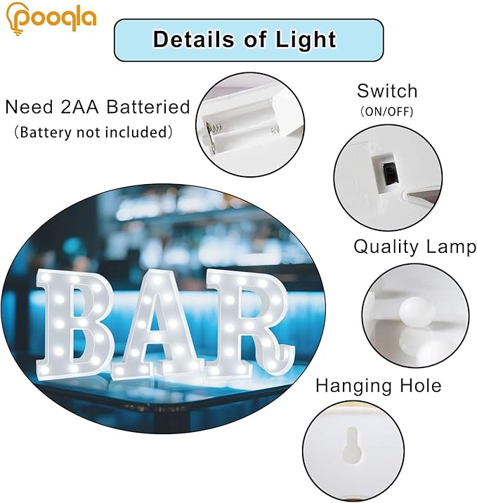 BAR - Illuminated Marquee Bar Sign for home decor - Light up LED Marquee Word Sign - Pre-Lit Pub Light Battery Operated Valentines Day Gifts for Him (Cool White)