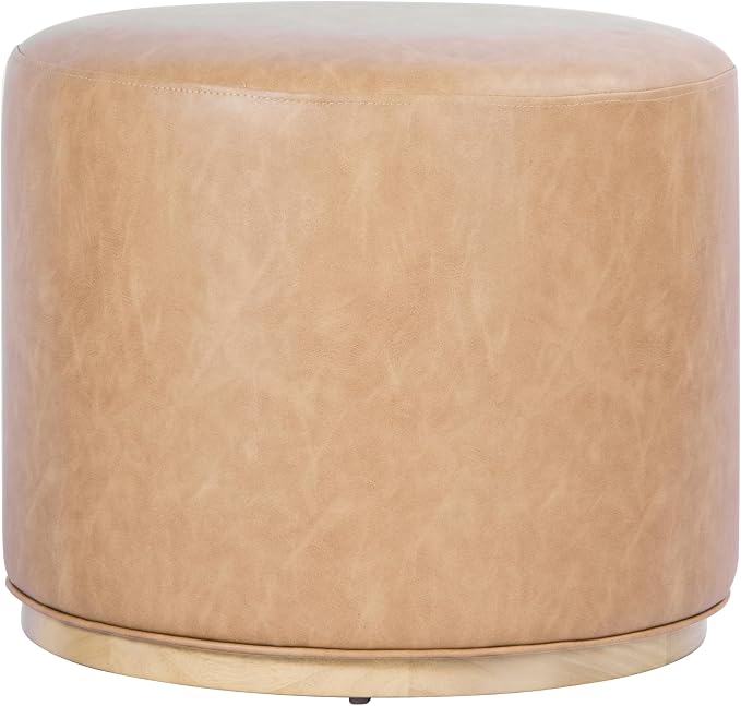 Spatial Order 22" Round Ottoman with Wooden Base - Sand Faux Leather