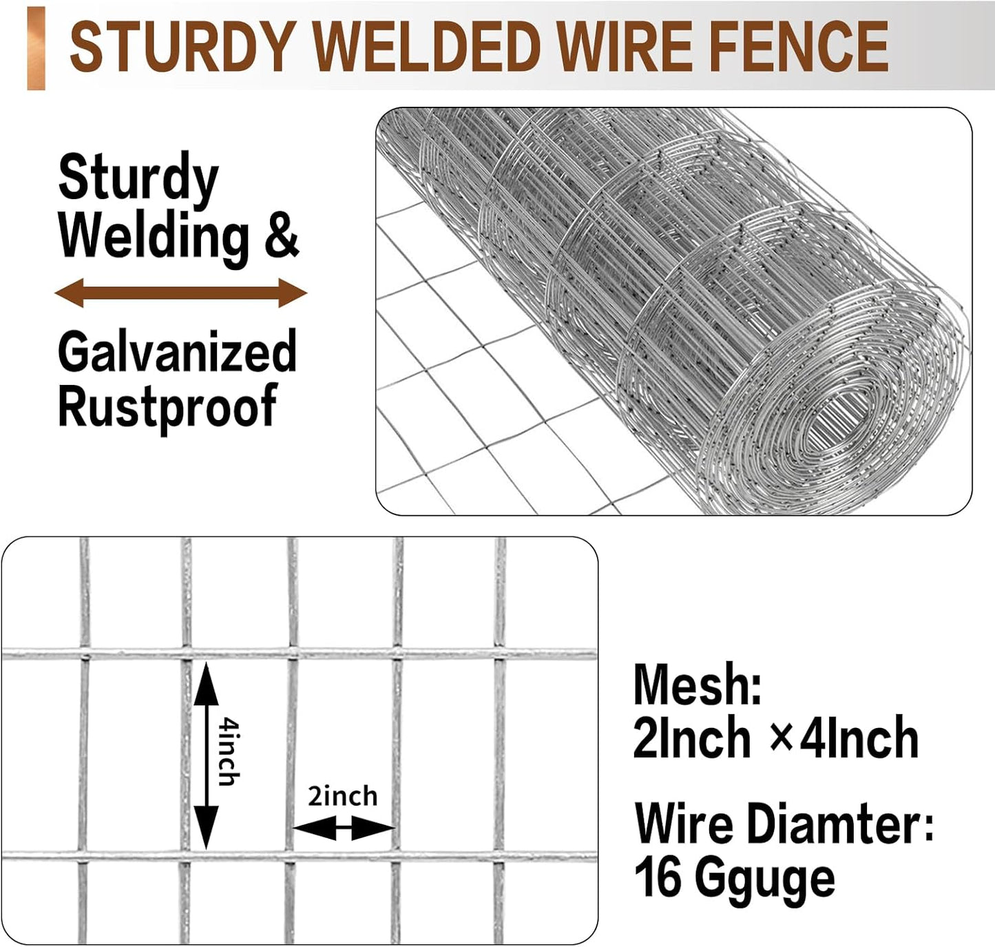 Tongmo 2 ft x 100 ft Galvanized Welded Wire Fence, 16GA Garden Chicken Wire Fence Roll, Mesh Size 2" x 4"Hardware Cloth, Ideal for Yard Protection and Poultry Netting