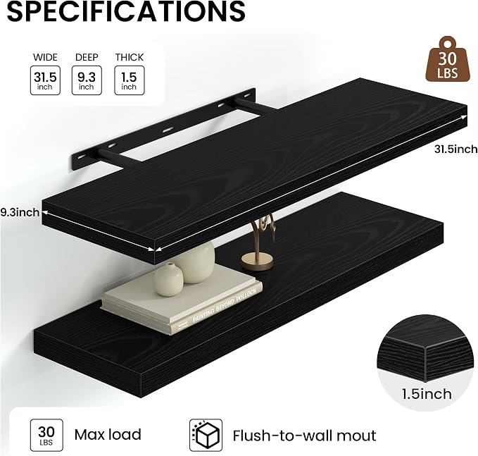 Heimlove 32 Inch Floating Shelves for Wall,Black 9.3" Deep Floating Shelf Set of 2,Wall Mounted Shelves for Bathroom Bedroom Living Room Kitchen Office,Shelf for Books Storage Room,Home Decor