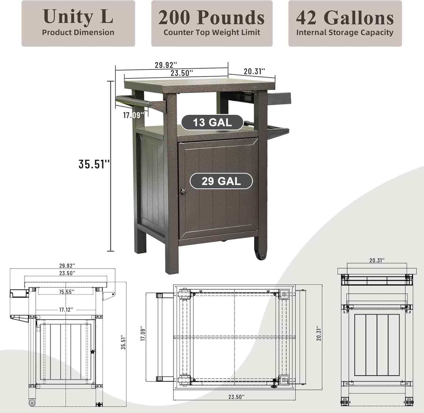 Domi Grill Carts Outdoor with Storage and Wheels, Whole Metal Portable Table and Storage Cabinet for BBQ,Deck,Patio,Backyard(Brown)
