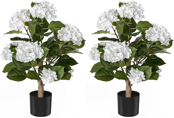 Artificial Hydrangea Flowers Tree for Outdoors, Sturdy 2FT Fake Plants with Weighted Pot, UV Resistant White Artificial Flowers for Front Porch & Home Decor, 2 Pack