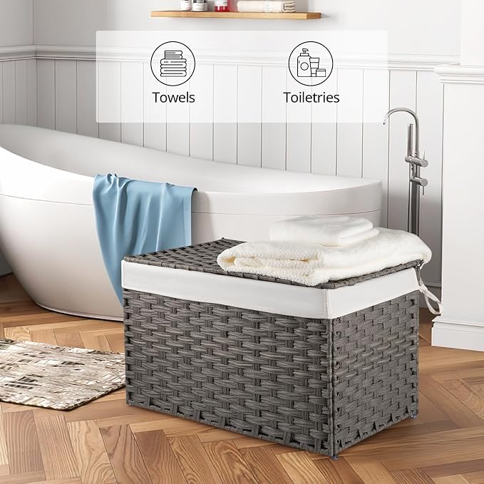 OIAHOMY Storage Basket with Lid, 27.7 Gallon (105L) Blanket Basket with Removable Liner Bag, Synthetic Wicker Hamper with Handle, Large Hamper for Bedroom, Grey