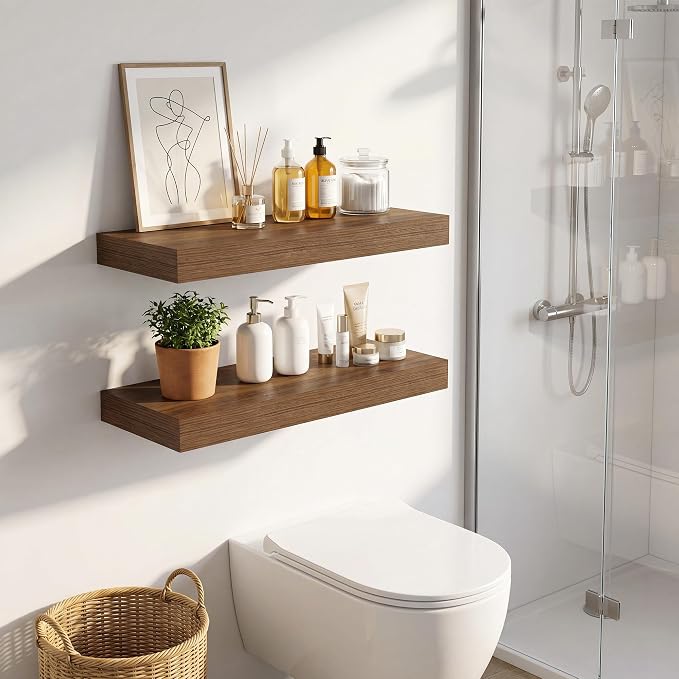 Vivelove Wall Floating Shelves for Display with Invisible Brackets,16 Inch Floating Shelf for Bathroom Bedroom Living Room Kitchen, 16" X 8" X 1.4", Set of 2 - Walnut