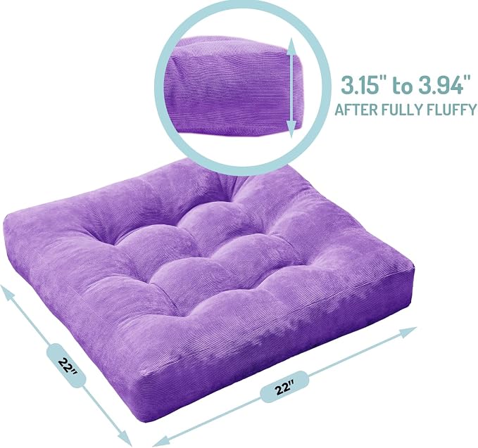 Degrees of Comfort Square Tufted Corduroy Floor Cushions, Large Pillows Seating for Adults, Meditation Pillow for Balcony Tatami Living Room, 22x22 Inch, Purple
