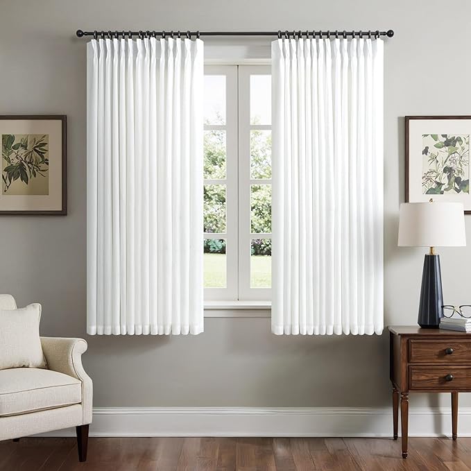 White Short Linen Curtains 45 Inch Length 2 Panel Set for Small Windows Bedroom Rustic Farmhouse Linen Cotton Light Filtering Pinch Pleated Drapes Back Tab Semi Sheer Kitchen Curtains 45 Inches Long