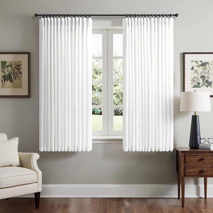 White Linen Curtains 54 Inch Length 2 Panels Set for Small Windows Pinch Pleated Back Tab Semi Sheer Light Filtering Lightweight Soft Shabby Chic Ruffled Short Drapes for Bedroom Living Room Bathroom