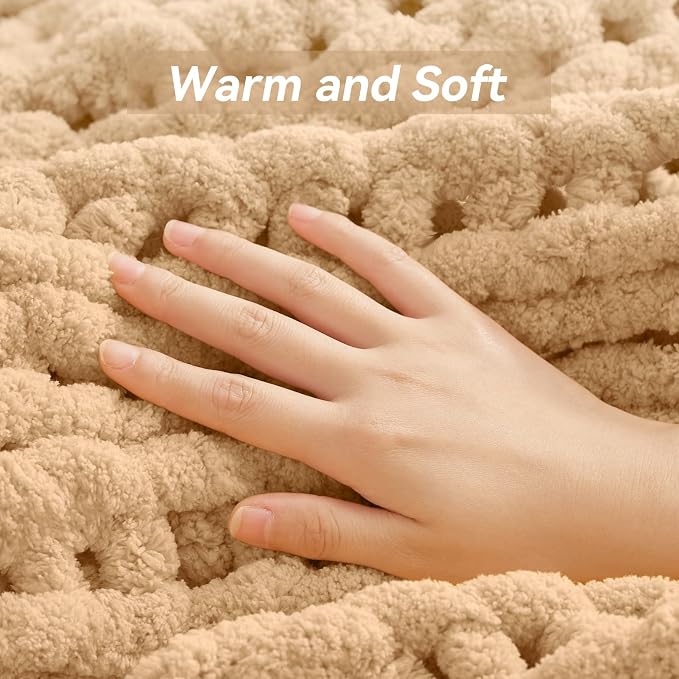 Negwoo Chunky Knit Throw Blanket, 60''*80'' Knitted Throw Chenille Yarn for Bed Couch, Handmade Beige Crochet Big Thick Blanket, Machine Washable Cute Comfy Blanket for Home Decor