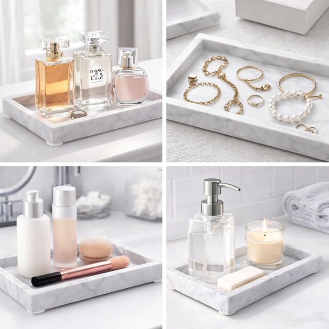 Natural White Marble Tray, 12" x 8", Rectangular | Stone Organizer, For Bathroom, Kitchen, Vanity, Desktop, For Coffee Table, Dresser, Nightstand