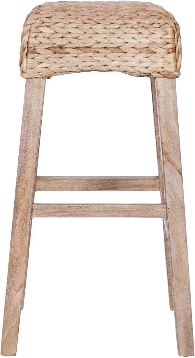JONATHAN Y Maui Coastal Woven Water Hyacinth Bar Stool, Mango Wood Frame, 30" Backless Barstool for Kitchen Island with Integrated Footrest, Fully Assembled, Coastal, Natural BSL1101B