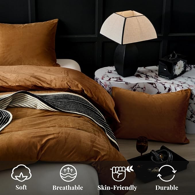WARMDERN Camel Flannel Velvet Duvet Cover Queen Size Duvet Cover Bedding Sets, 3pcs Ultra Soft Luxury Textured Modern Crystal Velvet Duvet Covers with Zipper Closure(Camel, Queen)
