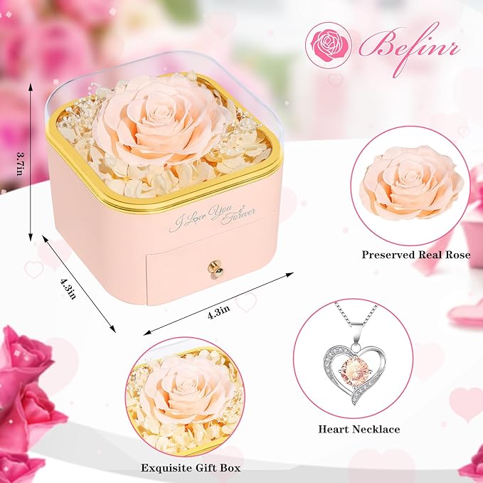 Beferr Mothers Day Forever Rose with Necklace for Mom Birthday Gifts Preserved Roses Eternal Flower for Delivery Fresh Flowers Gifts for Mother Wife Her Grandma Sister Daughter Girls Friends