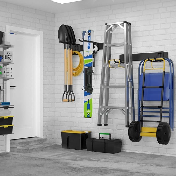 UUP 32 Inches Garage Storage, Garage Organization, Wall Mount Garden Tool Organizer, Max 300lbs Adjustable Metal Hooks, Yard Shed Hanging Rack, Heavy Duty Shelving for Rake Broom Mop Snowboard