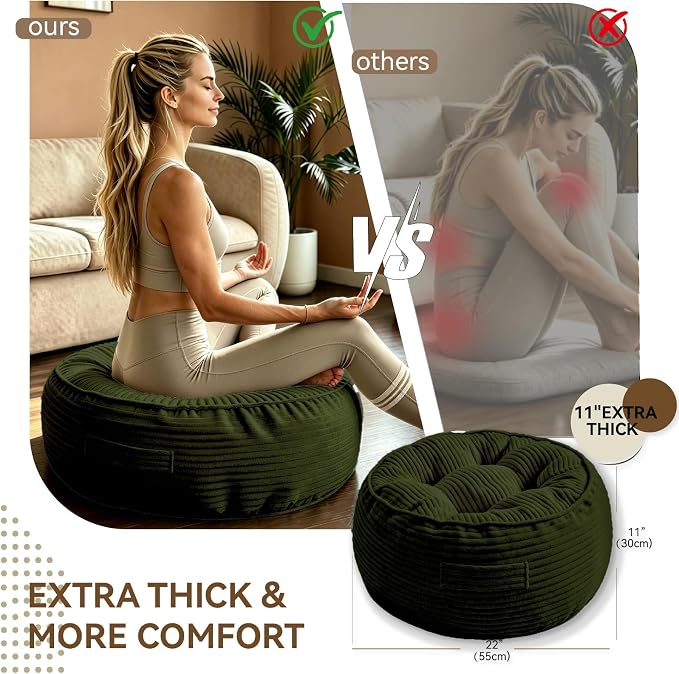 11" Washable Round Floor Pillow for Adults Thick Meditation Cushion for Sitting Large Yoga Pillows on Floor Ottoman to Elevate Leg for Tatami Living Room,22x22 Inch, Green