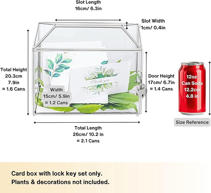 NCYP Small 10.2 x 5.9 x 7.9 Inches Silver Glass Cards Box with Slot and Lock for Wedding, Birthday Party - Geometric Card Holder, Home Decorative, Slot Length 6.3'' (Glass Box Only)