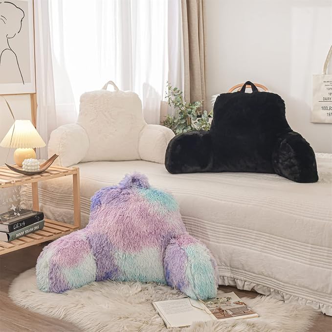 A Nice Night Faux Fur Reading Pillow Bed Wedge Large Adult Children Backrest with Arms Back Support for Sitting Up in Bed/Couch for Bedrest,BluePurple