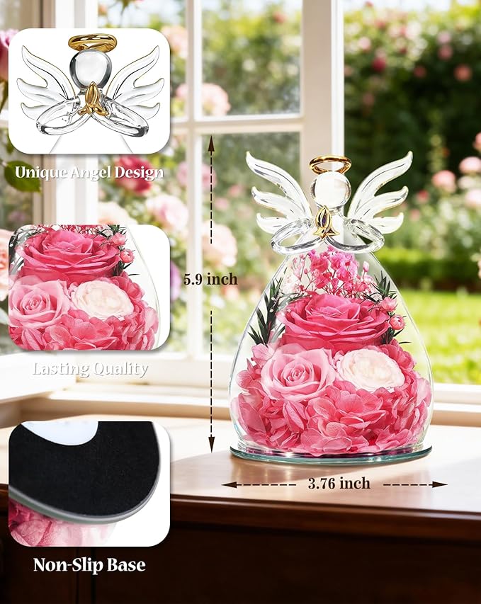homeasy Roses Gifts for Women Birthday, Preserved Flowers Rose in Glass Angel Figurines, Forever Fresh Flowers for Delivery Gift Box with 3D Card for Wife Mom Her Grandma-Pink