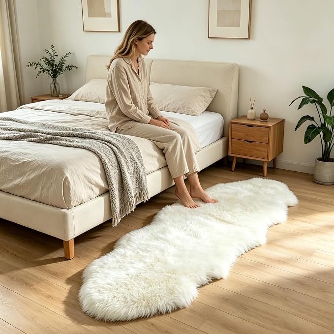 Genuine Sheepskin Rug New Zealand Luxury Lambskin Rug, Natural Fluffy Sheepskin Throw for Bedroom Living Room Children's Room - Premium Area Rug Chair Cover (2×6 Feet, Cream White)