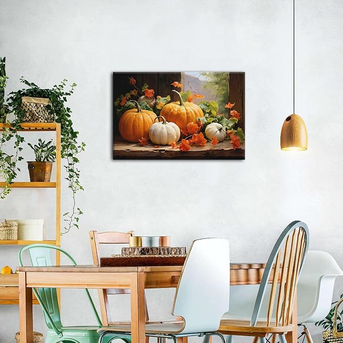 Pumpkin Canvas Wall Art Fall Pictures Maple Leaf Autumn Decor Thanksgiving Wall Prints Rustic Halloween Themed Wall Decor Framed Modern Artwork for Living Room Kitchen Bedroom Home Decorations 20x30”